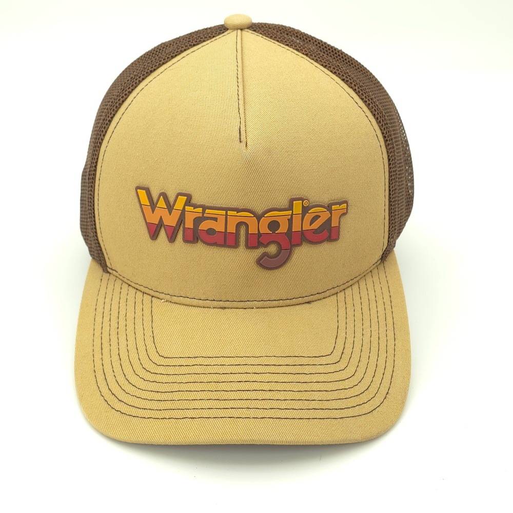 Wrangler Hat Cap Mens Snap Back Tan Brown Retro Western Trucker Mesh Back